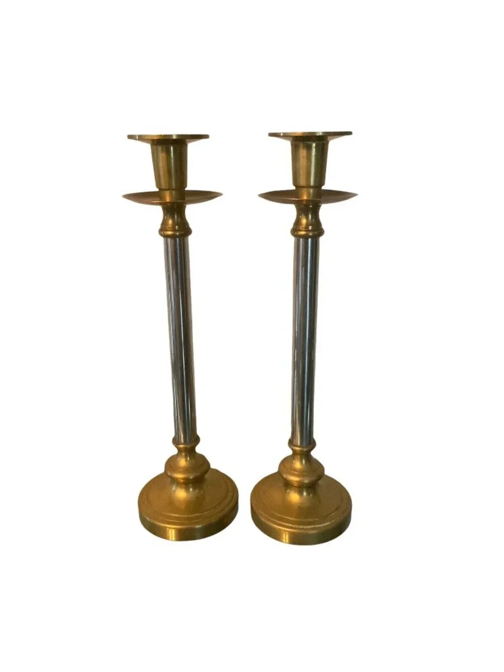 Vintage Brass & Steel Taper Candlesticks Pair 12 inches Tall Mantel Shelf Decor